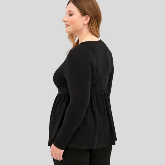 TORRID PLUS SIZE Black Babydoll Super Soft V-Neck Lace-up Lace Trim Top. 2X - Picture 10 of 16